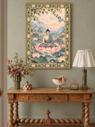 The Nirvana Bloom wall art in Sage & Blush in a gold frame on a sage wall above a carved wooden console table with a pleated lamp and a vase of pink flowers.