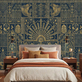 The "Nizam" Indian style wallpaper behind a console table, highlighting the luxurious, detailed pattern and its rich color scheme. view-bedroom