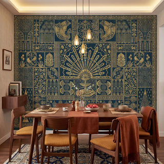 The "Nizam" Indian style wallpaper behind a console table, highlighting the luxurious, detailed pattern and its rich color scheme. view-diningroom