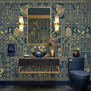 The "Nizam" Indian style wallpaper behind a console table, highlighting the luxurious, detailed pattern and its rich color scheme. view-powderroom
