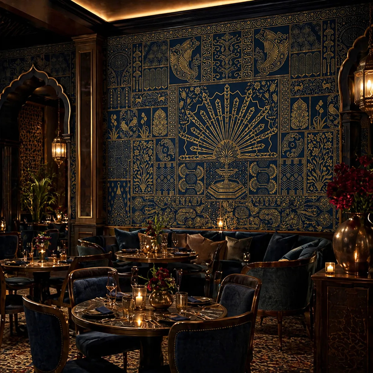 Nizam Indian royal wallpaper in a restaurant bar setting