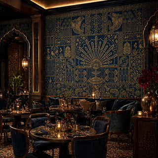 The "Nizam" Indian style wallpaper styled in a restaurant, highlighting the luxurious, detailed pattern and its rich color scheme view-restaurants