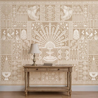 Nizam Indian style wallpaper in clay beige featuring Mughal motifs behind a classic armchair.