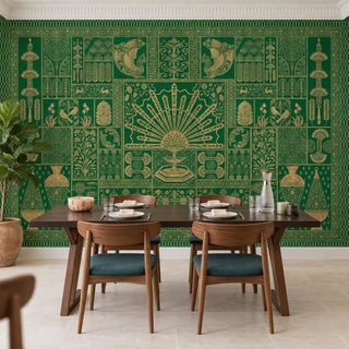 The Nizam Indian wallpaper in emerald green and gold behind a walnut dining table with teal seated chairs, royal arches above view-dining