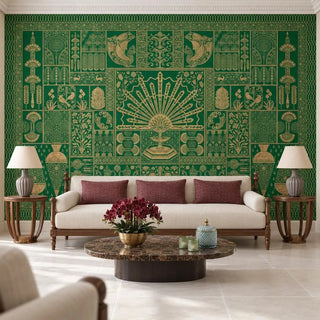 The Nizam wallpaper mural in emerald green and gold behind a cream sofa with maroon cushions, lamps and a marble coffee table view-livingroom