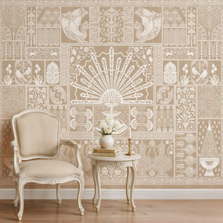 Full wall view of Nizam wallpaper with intricate peacock and fountain patterns in a luxury living room