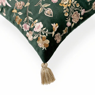 A close-up view highlighting the intricate thread-work flowers and the champagne-gold silk tassel detail.