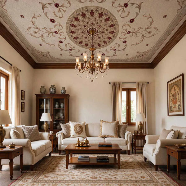 Noor Mahal ceiling mural in parchment and crimson applied to the full ceiling of a classical Indian living room with cream upholstered sofas, dark walnut side tables, brass chandelier, coordinating floral carpet, and ivory curtains