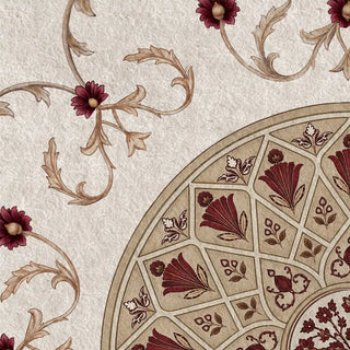 Close-up detail of Noor Mahal mural showing the warm parchment crinkle-texture ground, flowing brown acanthus arabesque vine with deep crimson daisy flowers at junctions, and the edge of the geometric medallion with crimson fan tulip panels and botanical sprigs