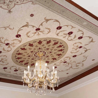 Noor Mahal ceiling mural in parchment and crimson applied within a dark walnut tray ceiling moulding, showing the full central medallion with radiating crimson tulip panels and surrounding acanthus vine field, with a crystal and brass chandelier suspended from the medallion centre