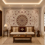 The Noor Mahal luxury wallpaper installed as a full accent wall mural behind a wooden bench sofa in a traditional living room view-livingroom