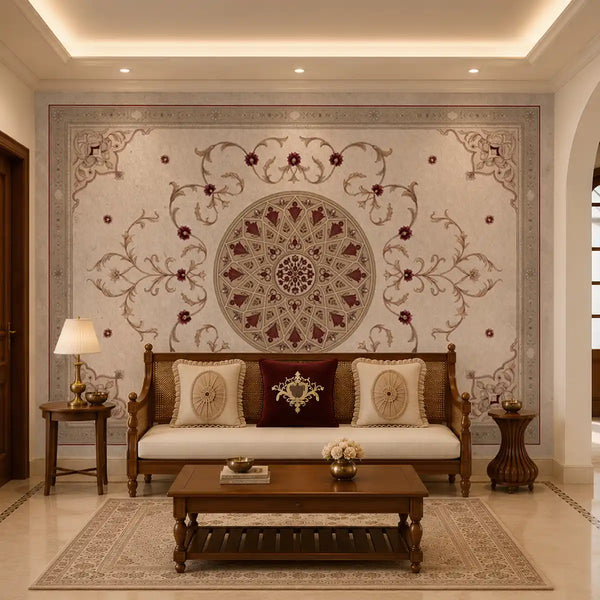 The Noor Mahal luxury wallpaper installed as a full accent wall mural behind a wooden bench sofa in a traditional living room view-livingroom