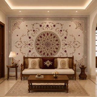 Noor Mahal mural applied as a full accent wall panel in a classical Indian drawing room behind a walnut and cane daybed with crimson and ivory cushions, walnut side tables, brass accessories, marble floor, and a coordinating floral carpet