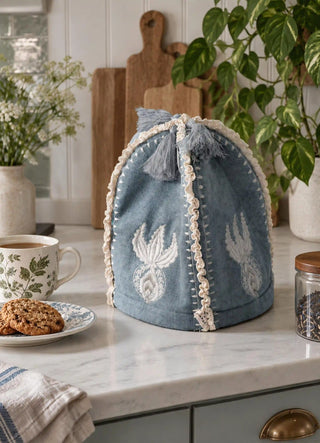 The Noush tea cosy in Dusty Blue, view-kitchencounter beside cookies and potted greenery.