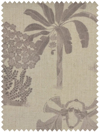 A high-resolution swatch of Nritya fabric featuring a hand-painted taupe palm tree and floral landscape on a beige ground