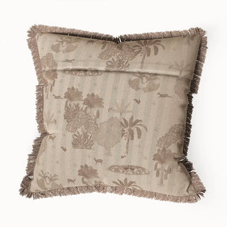 A back view of the Nritya Fringes cushion cover, highlighting its full form and the continuity of its nature-themed pattern.