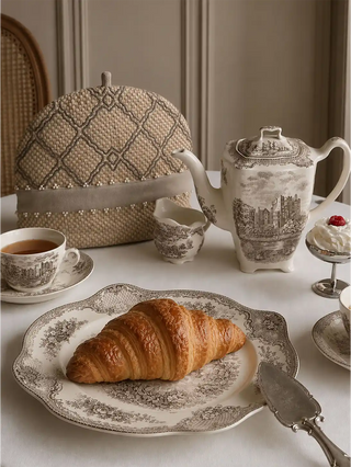 The Oat Pearl insulated tea cosy styled on a white tablecloth next to a vintage sepia porcelain teapot and a fresh croissant.