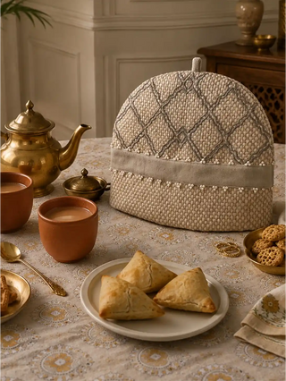 The Oat Pearl hand-embroidered tea cover styled for a traditional breakfast spread with a brass tea kettle, terracotta kulhad cups, and samosas.
