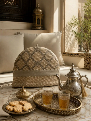 The Oat Pearl luxury tea cozy styled in a Mediterranean patio lounge alongside a carved silver teapot and brass serving tray.