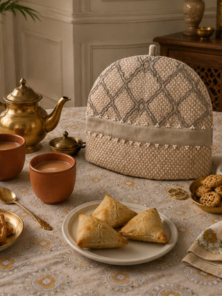 Oat Pearl tea cosy styled with brass teapot, terracotta cups and samosas on an Indian breakfast table