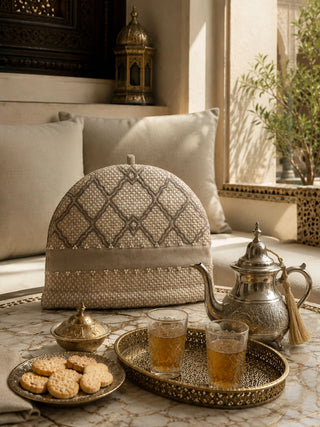 Oat Pearl tea cosy with diamond weave and pearl trim placed beside a silver teapot on a sunlit Moroccan terrace