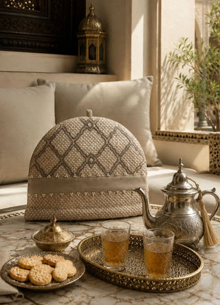 Oat Pearl tea cosy on a mosaic-tiled table with a silver Moroccan teapot and mint tea glasses
