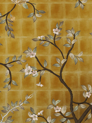 A detailed macro close-up of the Oriental Garden Chinoiserie wall art highlighting blossom motifs and layered peony blooms along a branch.