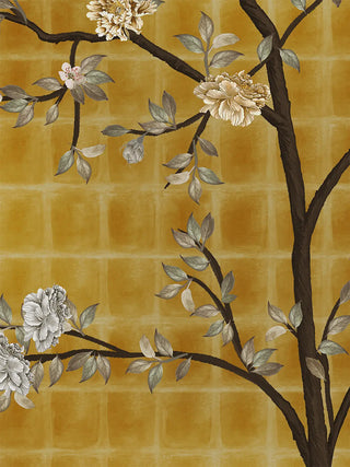 A detailed macro close-up of the Oriental Garden Chinoiserie wall art highlighting peony blooms and blossom motifs on a mustard-gold trellis ground.