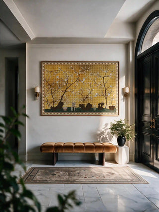 A detailed macro close-up of the The framed Oriental Garden Chinoiserie wall art displayed above a tan velvet bench beside a black arched doorway.