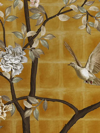 A detailed macro close-up of the vertical Oriental Garden Chinoiserie wall art highlighting a bird in flight beside peony blooms.