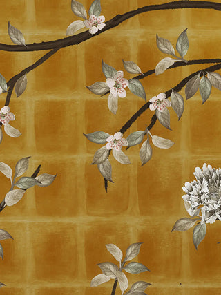 A detailed macro close-up of the vertical Oriental Garden Chinoiserie wall art highlighting blossom motifs and a large peony bloom on a mustard-gold trellis ground.