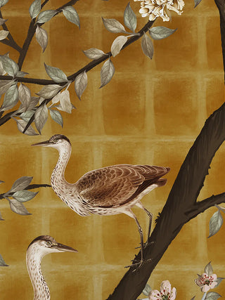 A detailed macro close-up of the vertical Oriental Garden Chinoiserie wall art highlighting two herons perched among blossoming branches.