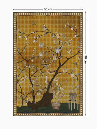 Full view of the vertical Oriental Garden Chinoiserie wall art print at 60 cm by 90 cm, showing the complete garden scene with herons and potted plants.