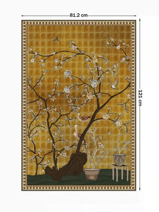 Full view of the vertical Oriental Garden Chinoiserie wall art print at 81.2 cm by 121 cm, showing the complete garden scene with herons and potted plants.