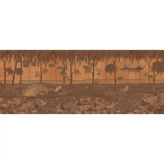 Luxury oriental wall mural with lotus flowers, birds, and faded orange tones