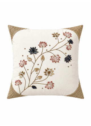 Front of the Padma Katha cushion cover: a lotus branch in blush, navy and gold sequins with gold cord corners