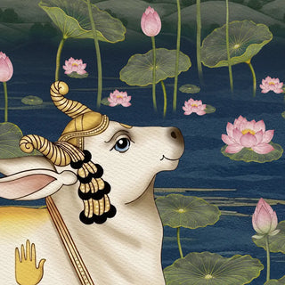 A close-up of the Padma Sarovar wallpaper showing a white cow with gold-capped horns and black ear tassels, a gold handprint mark, and pink lotuses and leaves on dark blue water.