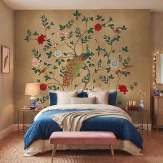 The Pakhi peacock mural styled as a grand headboard feature in a luxury bedroom with blue and pink velvet decor view-bedroom