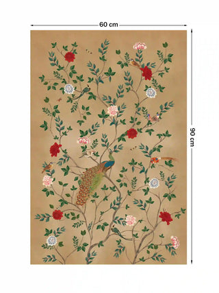 Pakhi wall art print featuring a peacock and songbirds in a garden, size 60cm x 90cm.