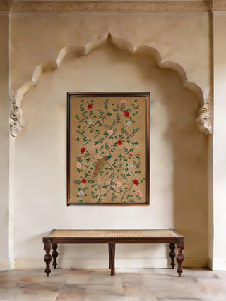 Pakhi botanical wall art styled as a grand focal point in a palatial foyer with traditional Indian architecture.