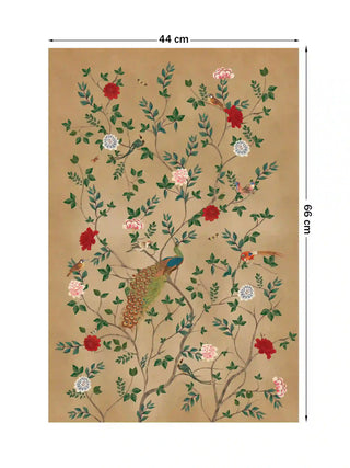 Pakhi wall art print featuring a peacock and songbirds in a garden, size 44cm x 66cm.