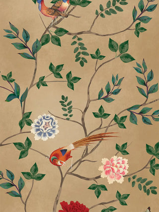 A close-up of the Pakhi wall art showing a red bloom, a pink bloom and two small birds on slender branches with a butterfly.
