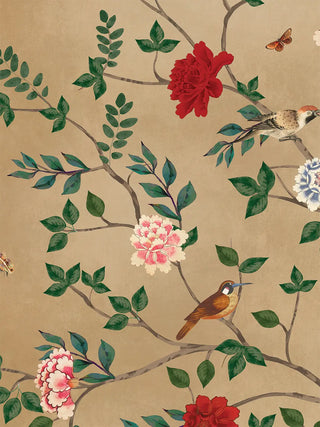 A close-up of the Pakhi wall art showing long-tailed birds and blue-white and pink blooms on slender leafy branches.