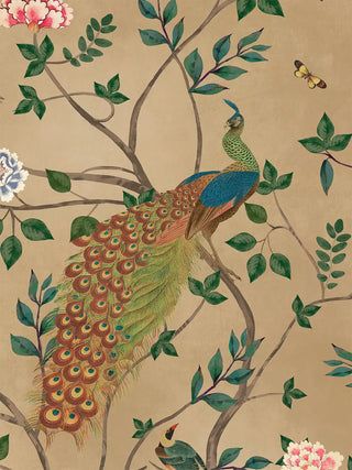 A close-up of the Pakhi wall art showing the peacock’s eye-spotted train and blue shoulders among leafy branches and a butterfly.