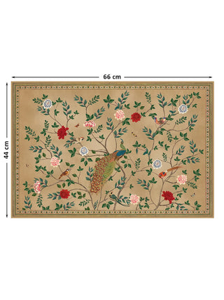 Full view of the Pakhi wall art showing a peacock among leafy branches with red, pink and blue-white blooms, birds and butterflies, at 44 cm by 66 cm.