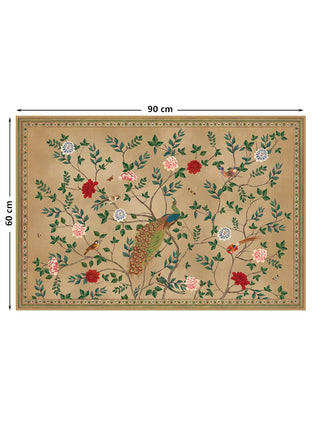 Full view of the Pakhi wall art showing a peacock among leafy branches with red, pink and blue-white blooms, birds and butterflies, at 60 cm by 90 cm.