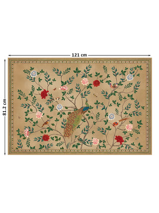 Full view of the Pakhi wall art showing a peacock among leafy branches with red, pink and blue-white blooms, birds and butterflies, at 81.2 cm by 121 cm.
