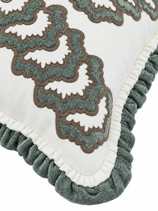 A close-up of the Palmora cushion cover corner showing raised sage scalloped fans outlined in taupe thread, an ivory inner ruffle and a gathered sage outer ruffle.