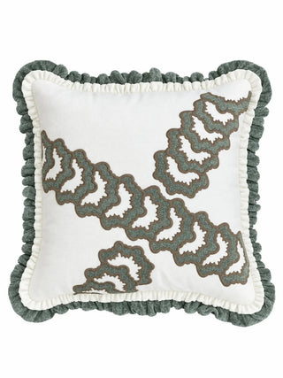 The front of the Palmora cushion cover: scalloped sage and taupe embroidered fans on a diagonal across an ivory square, edged with an ivory and sage double ruffle.