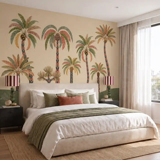 The Palmyra Breeze wallpaper mural in Sepia on a bedroom feature wall, showing patterned-trunk palms with coconuts above rolling hills. view-bedroom